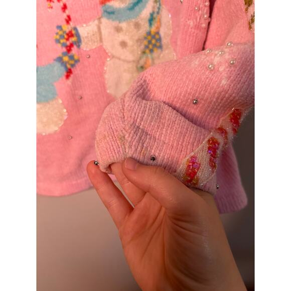 2000s Design Options Pastel Rainbow Christmas Snowman Chenille Glam Cardigan XL - Picture 5 of 10